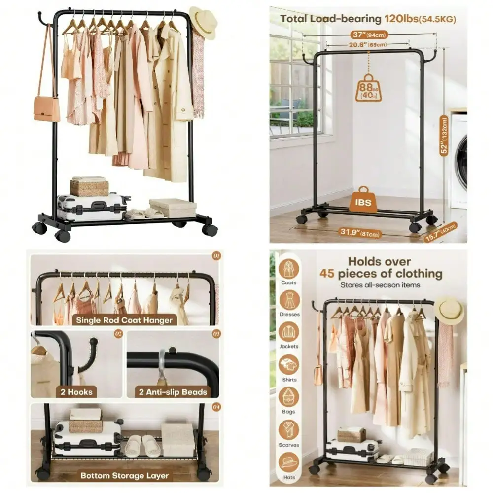 

Rolling Garment Rack With Hooks Mobile Clothing Rack On Wheels With Hanging Rod And Luggage Shelf For Bedroom Laundry Room Coat