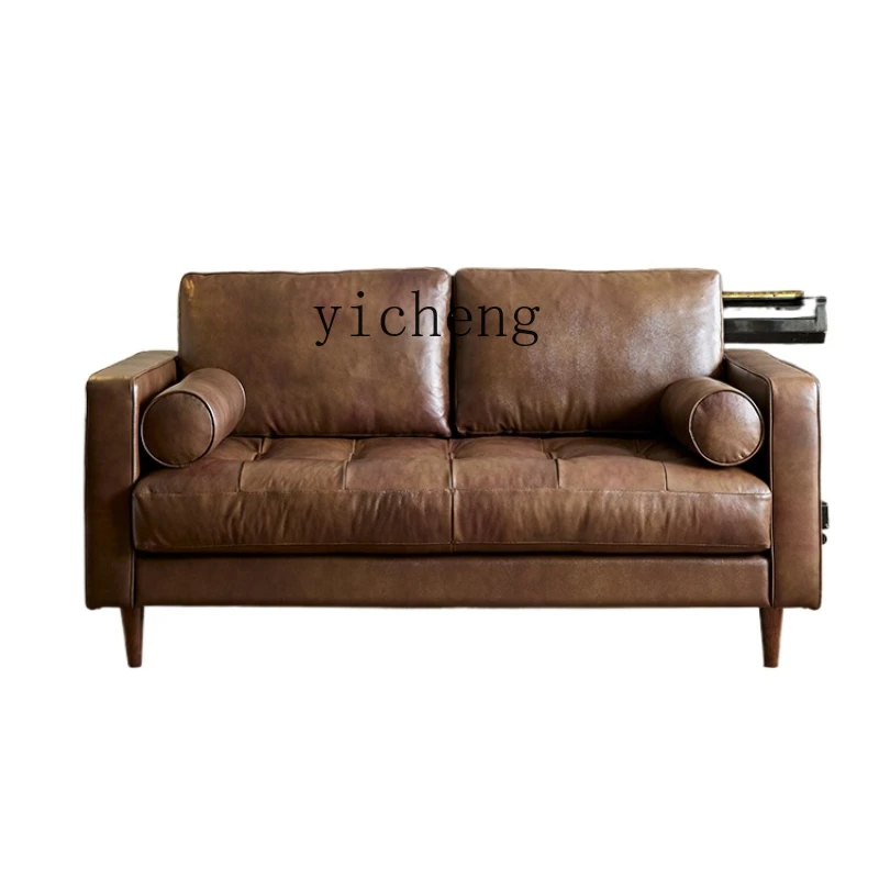 ZK Vintage Leather Sofa Mid-Ancient Style First Layer Cowhide Brown Living Room Straight Row Sofa