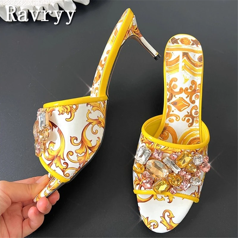 

Summer New Luxury Rhinestones Women Sandals Bohemian Style Yellow Prints High Heel Slippers Wedding Party Stiletto Shoes