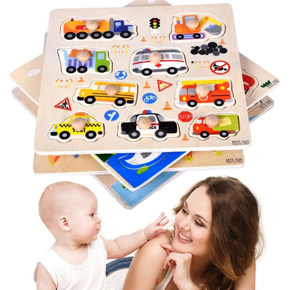 Hand Greifbrett Holz Kinder Puzzle Kognitive Cartoon Peg Puzzles Tier Fahrzeug Puzzle Spiele Kinder