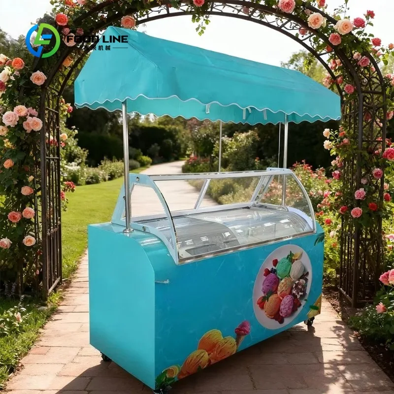 Custom Ice Cream Cart With Umbrella Commercial Grade Mobile Ice Cream Cart Street Food Push Cart with Display Freezer for Events