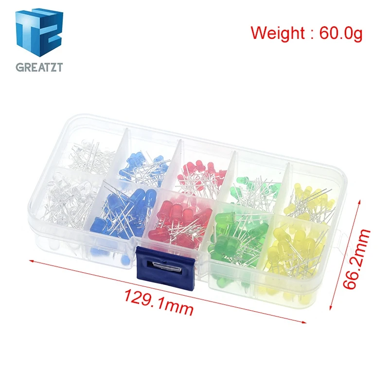200PC/Lot 3MM 5MM Led Kit With Box Mixed Color Red Green Yellow Blue White Light Emitting Diode Assortment 20PCS Each New