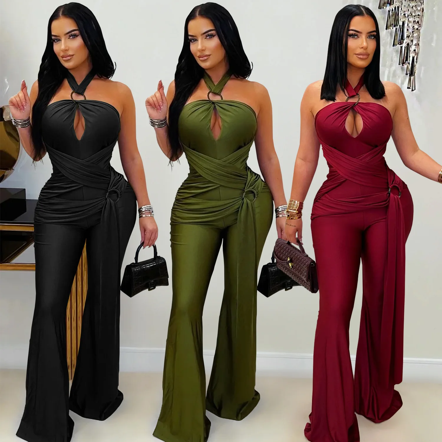 

C7570 European and American fashion women's clothing solid color temperament neck wide leg bag arm jumpsuit