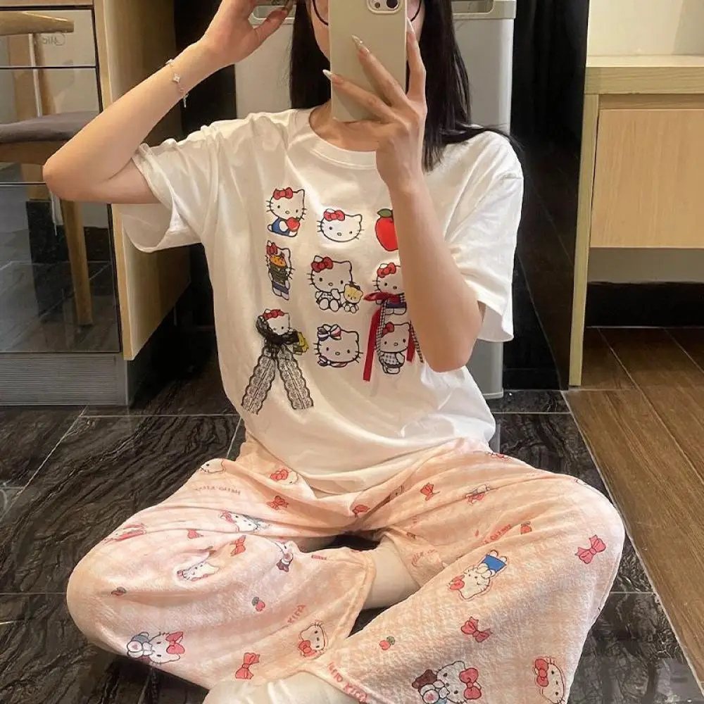 

Kawaii Hello Kitty, 2 шт., пижамный костюм Sanrio, женские брюки с короткими рукавами в стиле аниме, весенне-осенняя хлопковая повседневная домашняя одежда для девочек, студентов