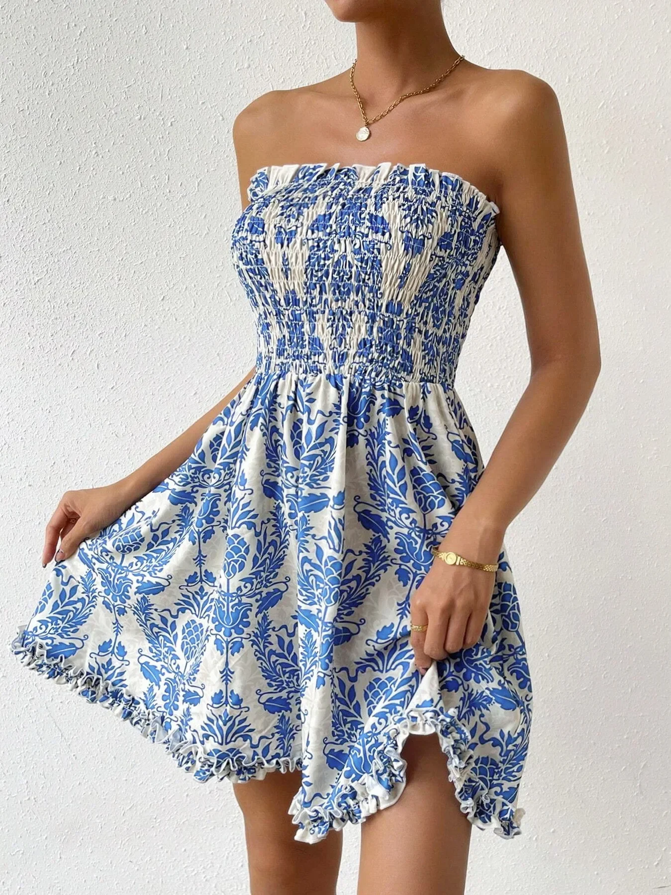 ZAFUL Women's Dresses Bohemia Lace mini dress Printed skirt Blue white porcelain printing Sleeveless strapless dress traf Slim