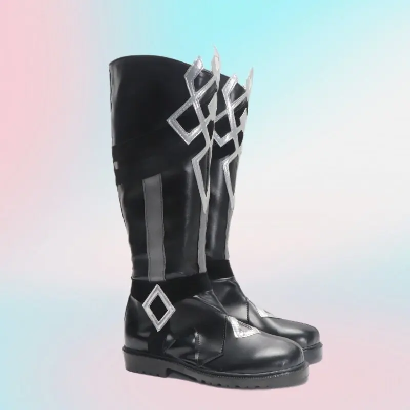 Anime Genshin Impact II Capitano Cosplay Shoes Black Medium-Long PU Leather Boots For Halloween Carnival
