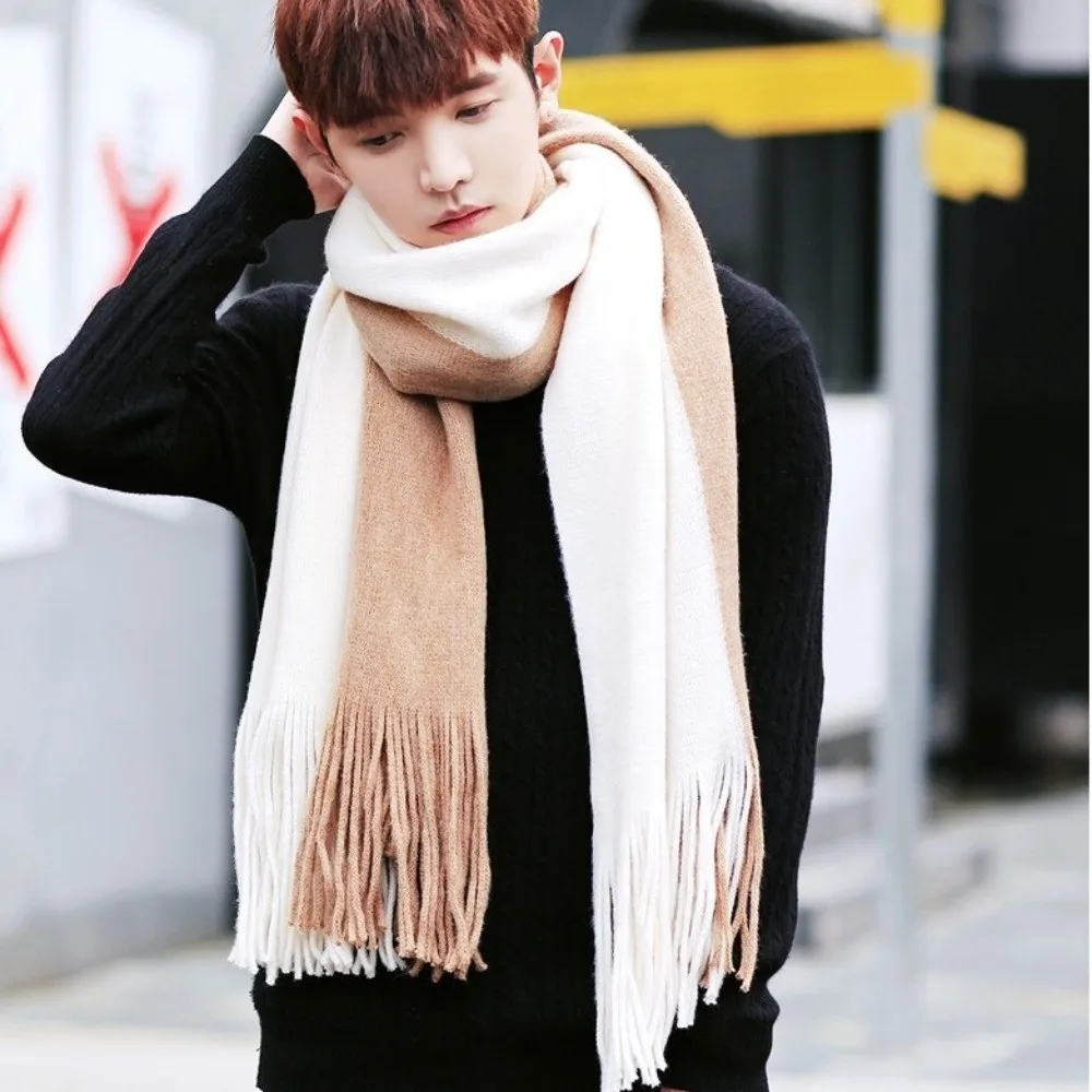 한국 스타일 여성 캐시미어 스카프 두꺼운 방풍 롱 울 태슬 스카프 부드러운 배색 겨울 넥커치프 소녀용