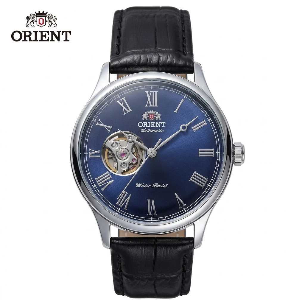 Orient Mens Business Automatic Mechanical Watch Open Heart Skeleton Dial Roman Numerals Scale Leather Strap Wristwatch