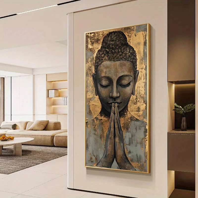 

2D/Flat Modern Abstract Meditating Buddha Canvas Wall Art - Frameless Serene Spiritual Print for Living Room, Buddha Home Decor