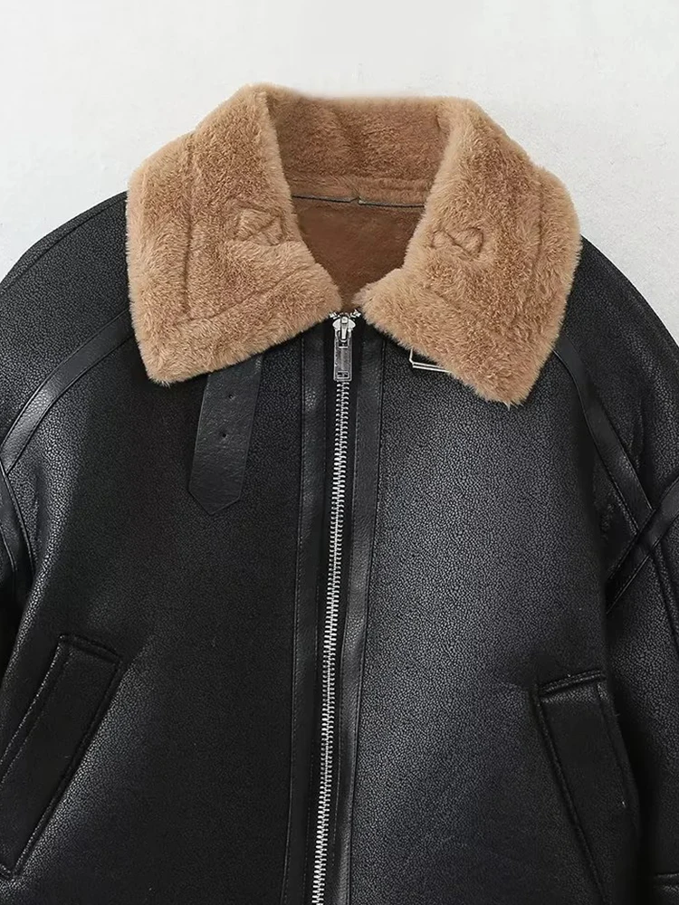 レディース新作秋物フリップカラーロングスリーブファー一体型フリース両面ショートジャケットコート