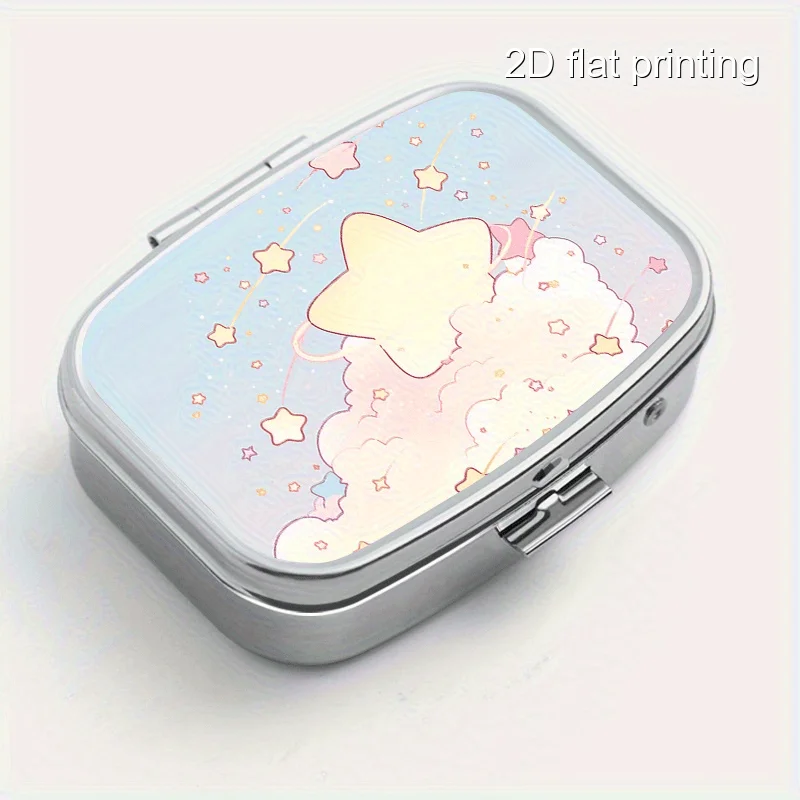 Metal Box with Star and Cloud Pattern Print, 2 Compartments, Portable Mini Metal Box for Vitamins, Household Travel Portable, Multifunctional Organizer, Multi-Compartment Storage for Earrings, Jewelry, and Decorations, Sealed and Moisture-Proof, Unique Holiday Gift for Family and Friends