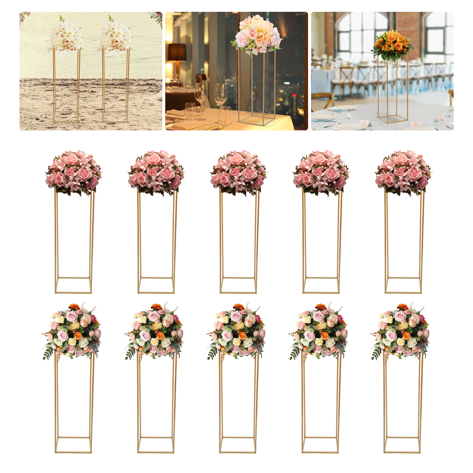 

10-Piece Gold Metal Wedding Flower Stand Floor Vases Flowers Column Stand Road Lead Rack 80cm for Party Event Anniversary