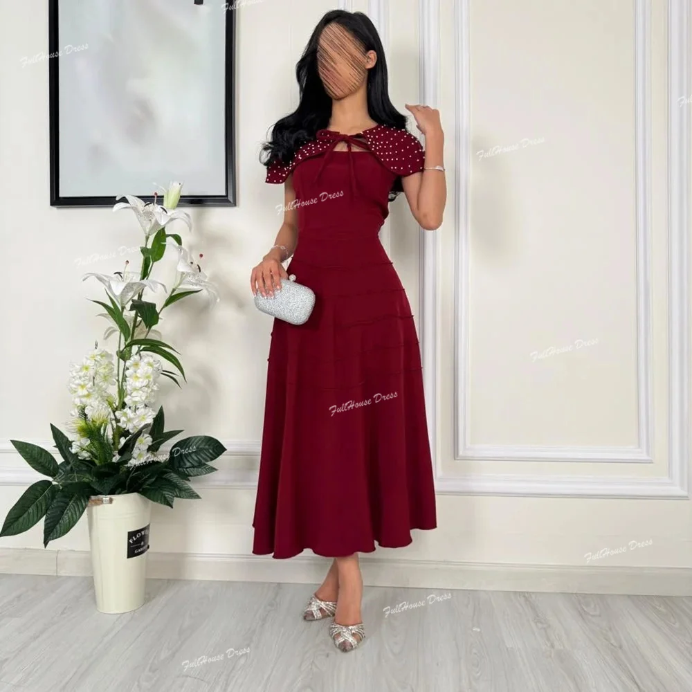 فستان سهرة مطوي بياقة قارب مصنوع حسب الطلب على شكل حرف a فستان زفاف مطرز بطول الشاي مع سترة فساتين سهرة