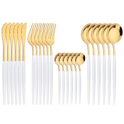 6 People White Gold Dinnerware Cutlery Set Western Mirror Stainless Steel Tableware Knife Fork Spoon Flatware Kitchen Silverware