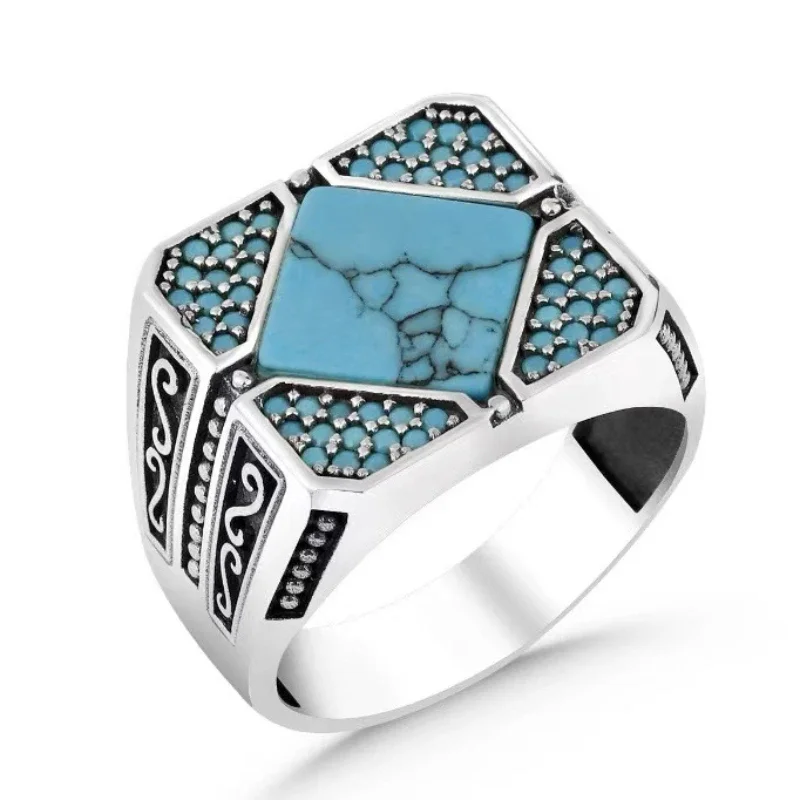 Retro minimalist turquoise men\'s alloy ring
