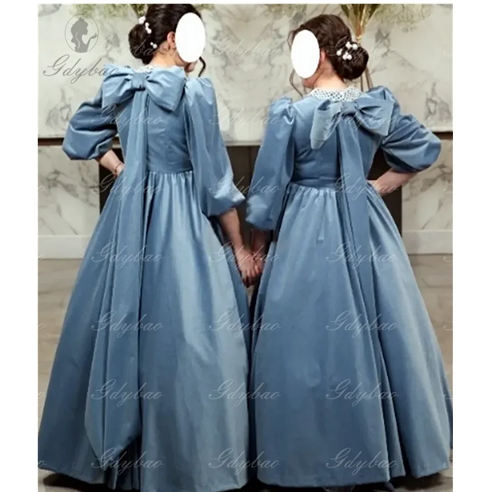 

Grey Blue Velvet Flower Girl Dress For Wedding Satin Puffy 3/4 Sleeves Bow Kids Birthday Pageant First Communion Baby Ball Gown
