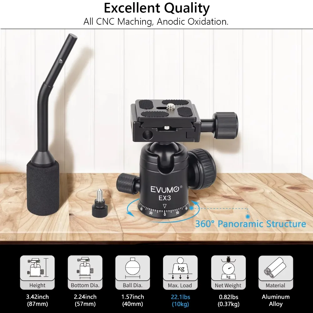 EVUMO Tripod Ball Head Handle 360° Rotating Panoramic Ballhead with Q.R Plate for Tripod DSLR Camcorder Telescope Max Load 10kg