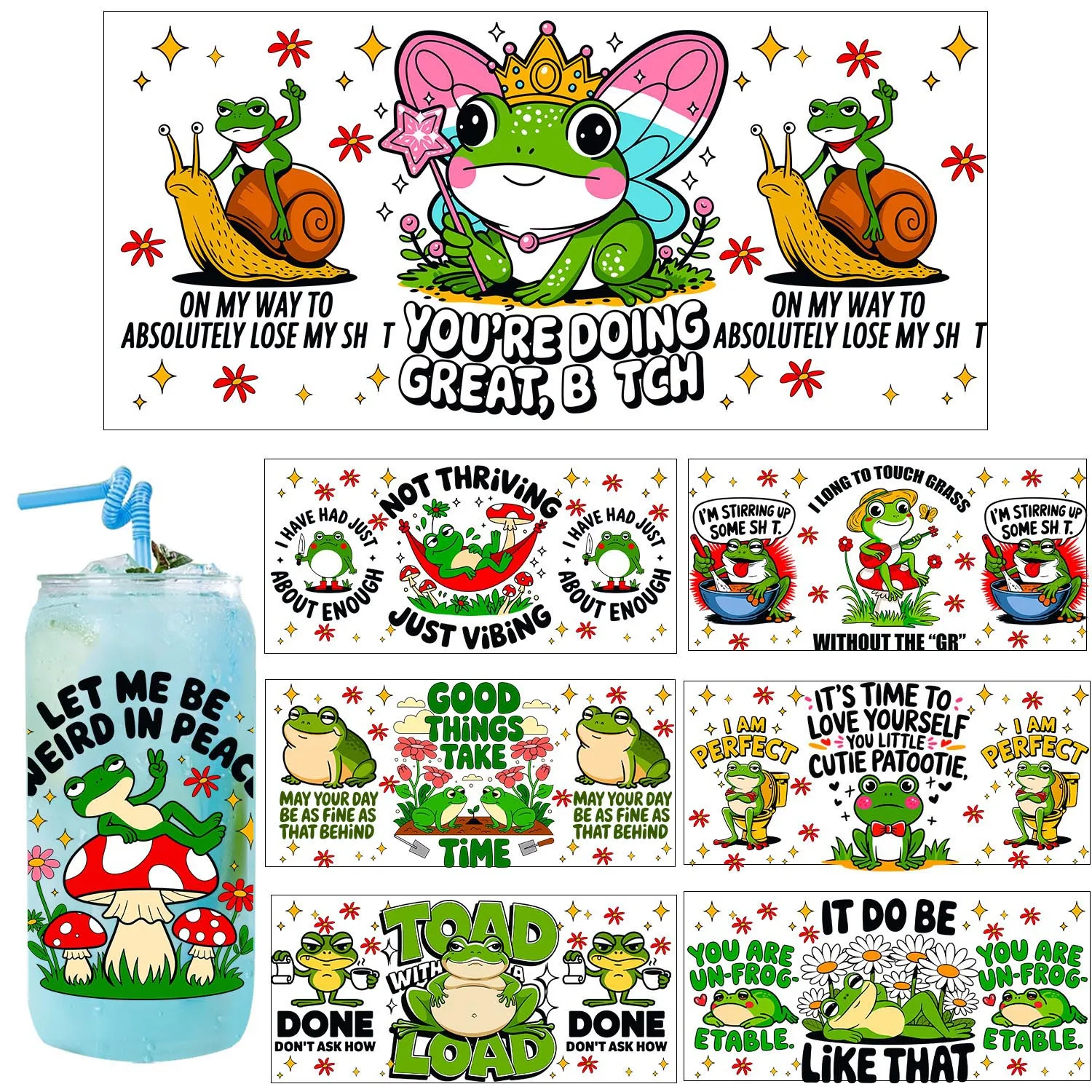 

1/5PCS Bundle Funny frog quotes Cartoon UV DTF Transfer Sticker DIY Decals 3D transfers uvdtf stickers 16oz uv dtf cup wraps