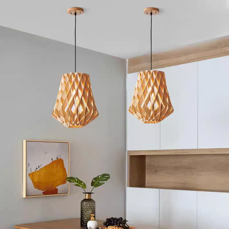 Japanese Style Wooden Birdcage Bar Pendant Light Creative Tatami Lamp Design LED Bedroom Lighting with Shadow Art