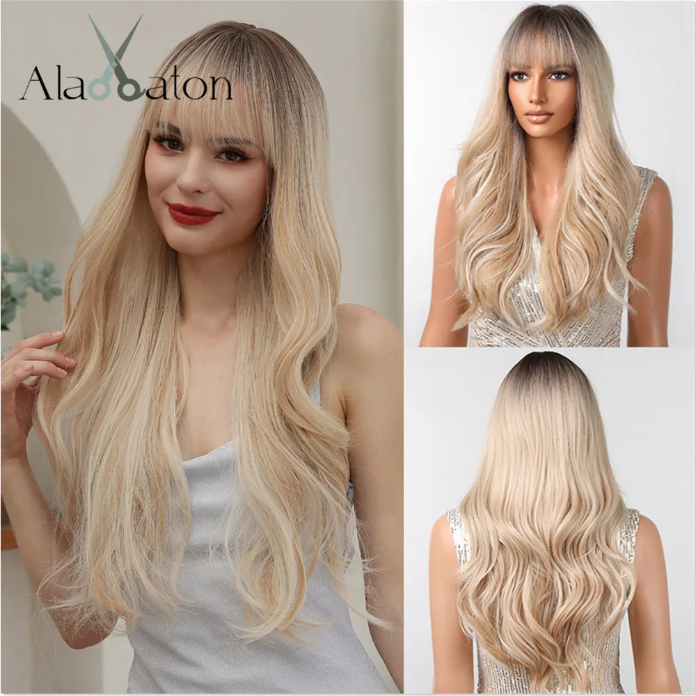 ALAN EATON Blonde Long Synthetic Wigs with Bangs Ombre Body Wavy Wigs for Women Natural Looking Daily Party Wig High Temperature