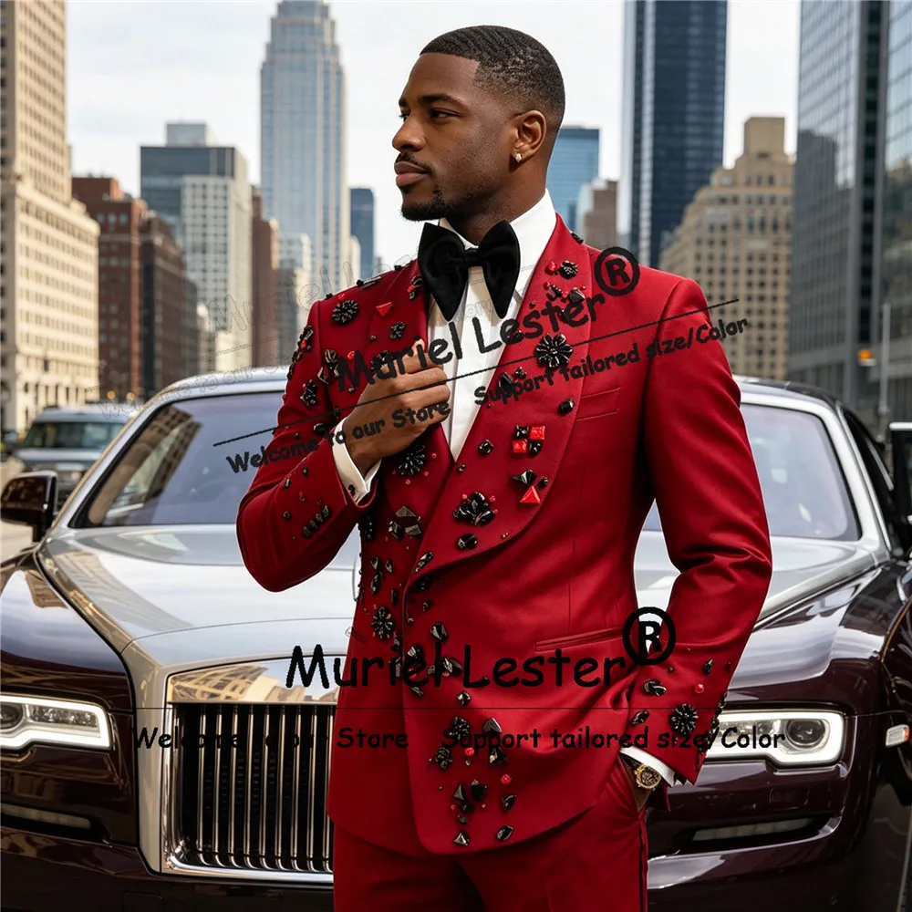 Exclusive Diamond Beaded Suits Men For Wedding Double Breasted Jacket Pants 2 Piece Set Groom Prom Tuxedos Slim Fit Man Outfit