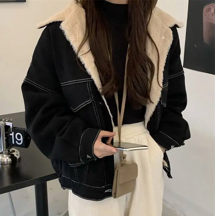 

Parkas Womens Y2K Autumn Denim-Feel Cropped Elastic Hem Fitted Preppy College School Uniform Trendy Youthful Simple Chic Youth