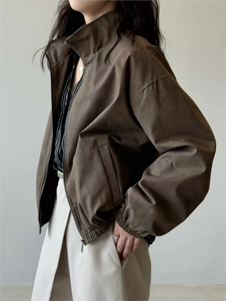 Veste ample décontractée pour femmes, manteau, nouvelle mode rétro marron, poches, fermeture éclair, vestes courtes, Chic, Simple, vêtements d'extérieur, automne 2025
