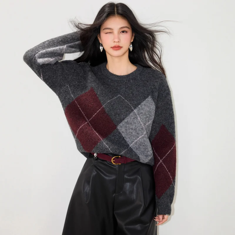 

Vintage Color-Block Pattern Sweater Women, New Winter Style, Lazy Style, Loose Design, Unique Knitted Top