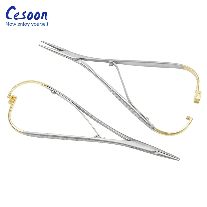 14cm Dental Needle Holder Tweezers Gold Plated Handle Stainless Steel Orthodontic Plier Straight Head Dental Surgical Instrument