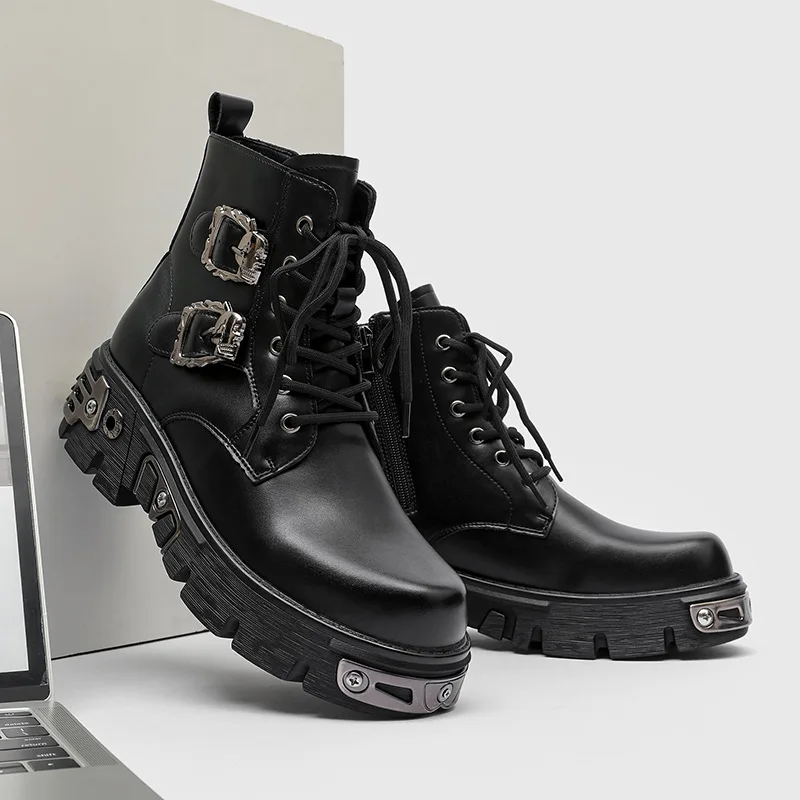 

New Punk Style Casual High Top Boots Unisex Metal Rock Thick Soled Boots Motorcycle Boots Men Motorcycle Shoes Botas Size 38-46