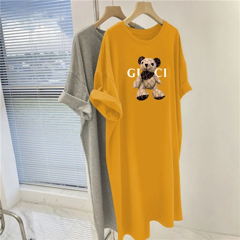 Women Clothing Fashion Casual Loose Pullovers Dresses Summer Pure Cotton Vintage Cartoon Printed O-neck Straight Dress ﻿