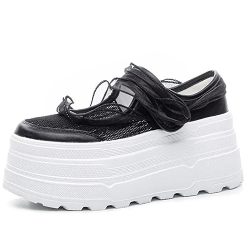 

2025 дышащие сандалии из микрофибры с воздушной сеткой, туфли на плоской подошве, брендовая обувь на платформе, женская обувь на танкетке с круглым носком, 8 см