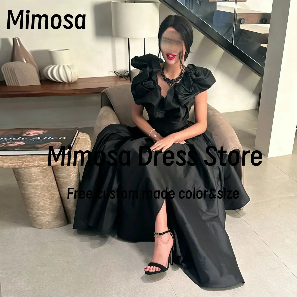 Mimosa Black Side Slit Prom Dresses 2025 Ruffles V Neck Cocktail Party Evening Dress Special Banquet Women Vestidos Customized