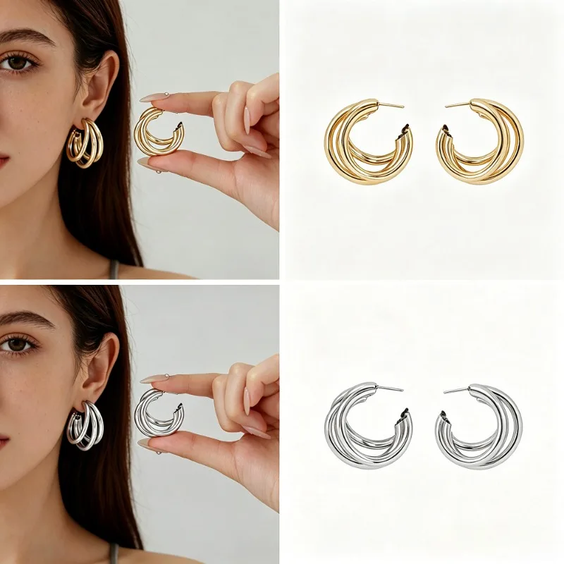 Punk Triple Layered Intertwined Hoop Earrings for Women Gold Plated Glossy C Shape Earrings Minimalist Daily Party Jewelry Gifts