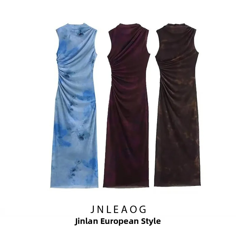 JNLEAOG Autumn New Simple Slim Fit Printed Pleated Dress Elegant Casual Style Polyester Fiber No Sleeve round Neck Zipper