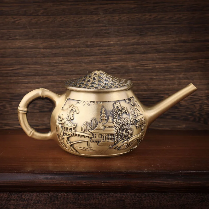 Brass Four Divine Beasts Dragon And Phoenix Auspicious Landscape Fortune Fisherman Teapot Hundred Bl