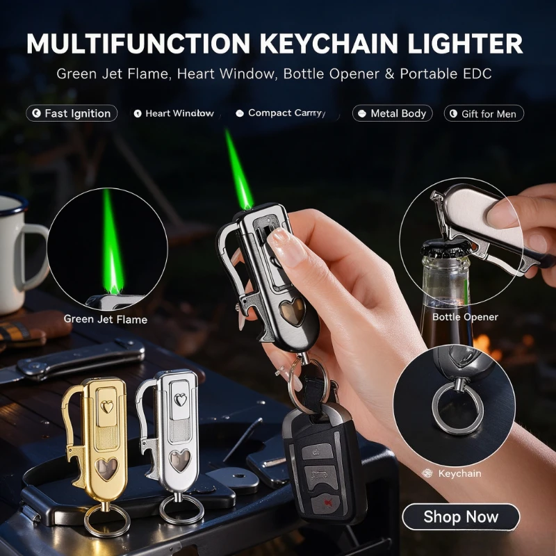 Portable KeychainWindproofJetGreenFlame Lighter,Multi-purpose Inflatable ButaneGasLighterwithBottleOpener, =Handy =Daily =Gadget
