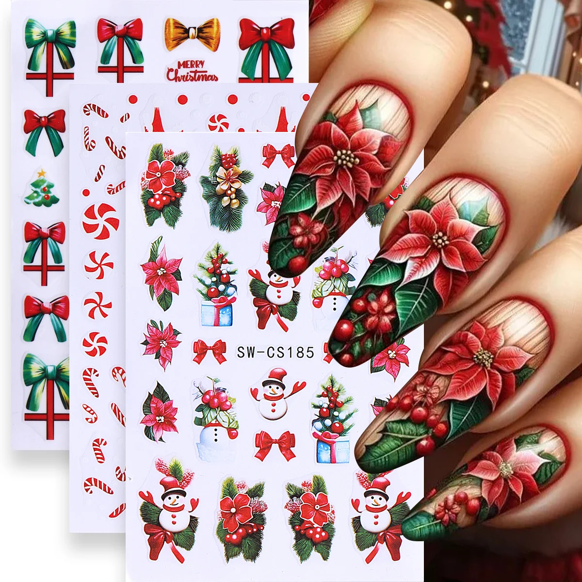 3 pçs feliz natal prego manicure decalques grande flor vermelha dos desenhos animados boneco de neve azevinho arco presente doces bastões design adesivos decoração de inverno