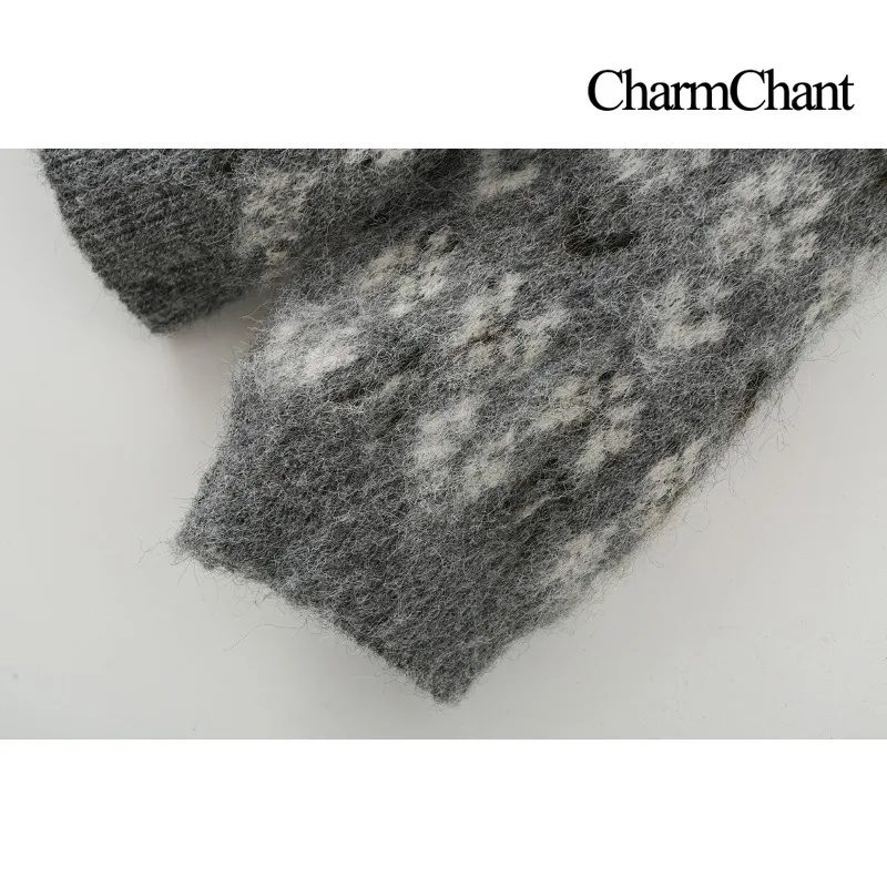 CharmChant グレー フェアアイル プリント クルーネック セーター 女性用 オーバーサイズ ダメージ加工 ニットウェア ジャンパー 長袖 トップス プルオーバー 女性用