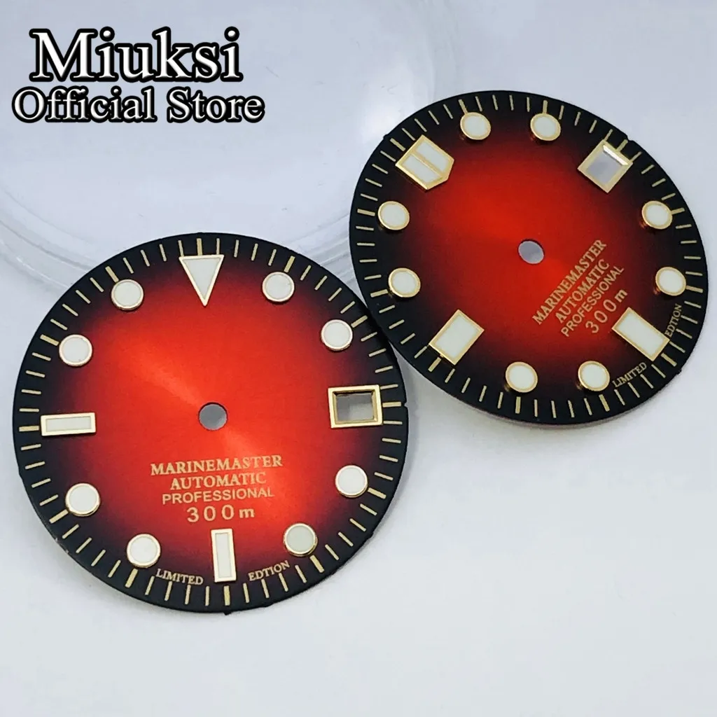 Miuksi 29mm black red watch dial green luminous dial fit NH35 movement fit 3 o\'clock crown 3.8 o\'clock crown