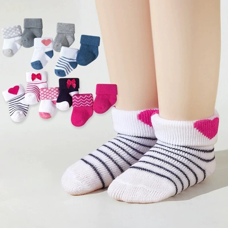 

6 Pairs winter newborn floor socks Cute bowtie heart pattern baby toddler socks Cozy plush indoor socks 0-12months