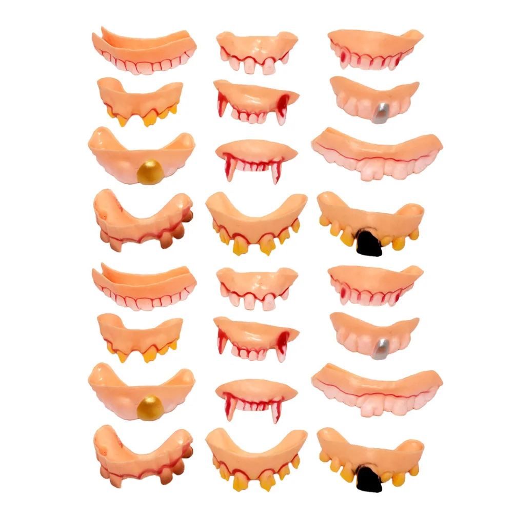 24 pçs dentaduras de halloween realista cosplay adereços dentes assustadores para baile de formatura trajes feios engraçado adultos brinquedo pvc dia dos tolos de abril