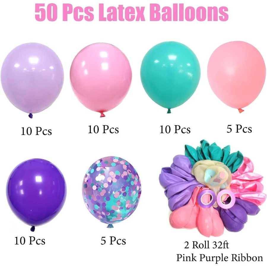 Pink and Purple Party Balloons 50 Pcs 12 Inches Purple and Pink Teal Blue Latex Balloons for Birthday Celebration Under The Sea