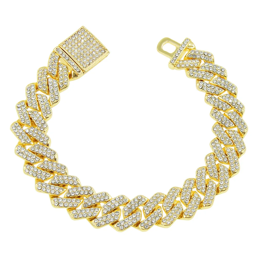 14 مللي متر 2 صف حجر الراين معبد ميامي المعين الكوبية سلسلة الهيب هوب الرجال النساء الشق الكوبية ربط سلسلة سوار مثلج خارج الرجال المجوهرات