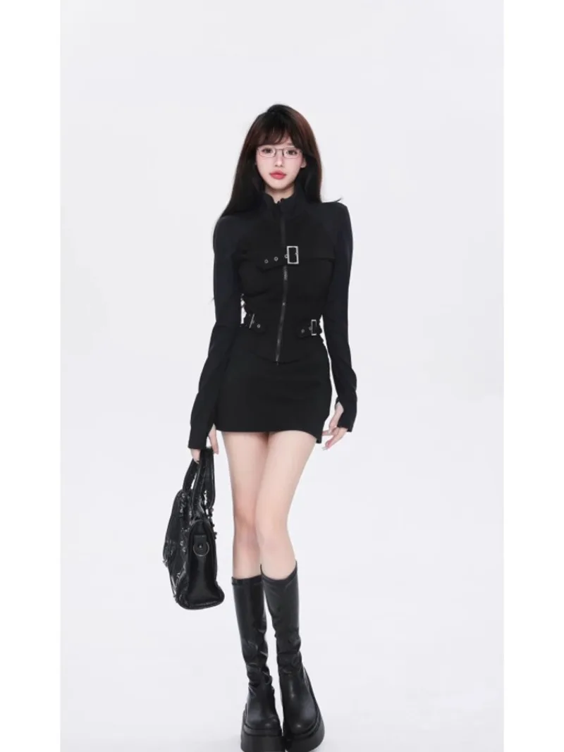 Spicy Girl Fashion Motorcycle Top Hip Wrap Skirt Two-piece Set Women Stand Collar Zipper Solid Cool Slim Autumn Casual Lady Wear