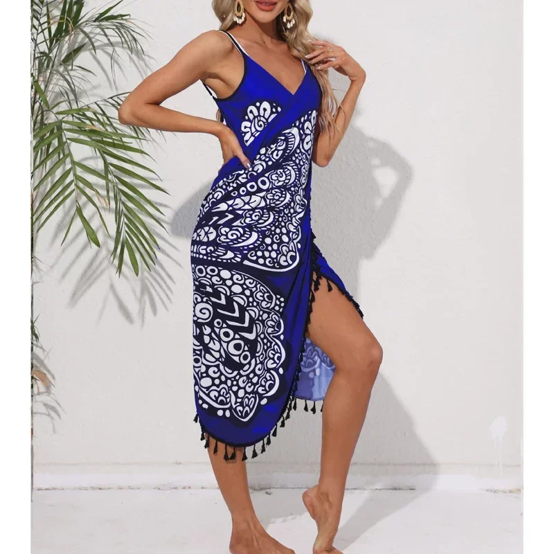 Women's Bikini Cover Up Sexy Butterfly Cape Beach Dress V Neck Printed Backless Halter Dress Seaside Vacation Party Swimwear