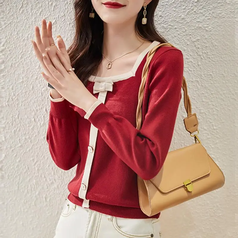 Fashion Women\'s Elegant Bow Square Collar Thin Knitted Pullovers 2022 Spring Autumn Blouse New Button Spliced Long Sleeve Shirt