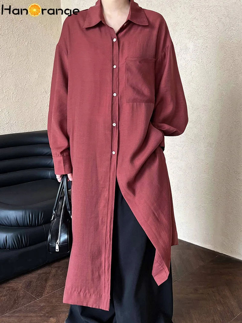 

HanOrange 2025 Minimalist Long Shirt Dress Women 2025 Autumn Loose Casual Micro Transparent Shirt Dress Rust Red