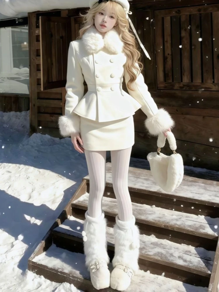 

Winter Faxu Fur Vintage Elegant 2 Piece Set Women Button Retro Coat +High Waist Casaul Skirt Female Chic Korean Popular Clothes