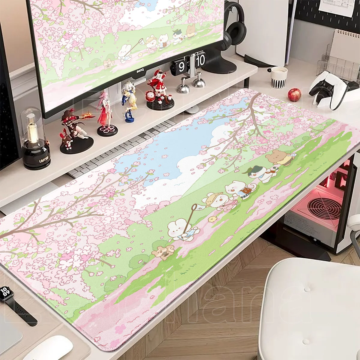 Spring Cute Rabbit Mouse Pad Large Gaming Pink Bunny XXL Laptop Kawaii Flower DeskMat Gamer Keyboard Non-slip Office Accessories